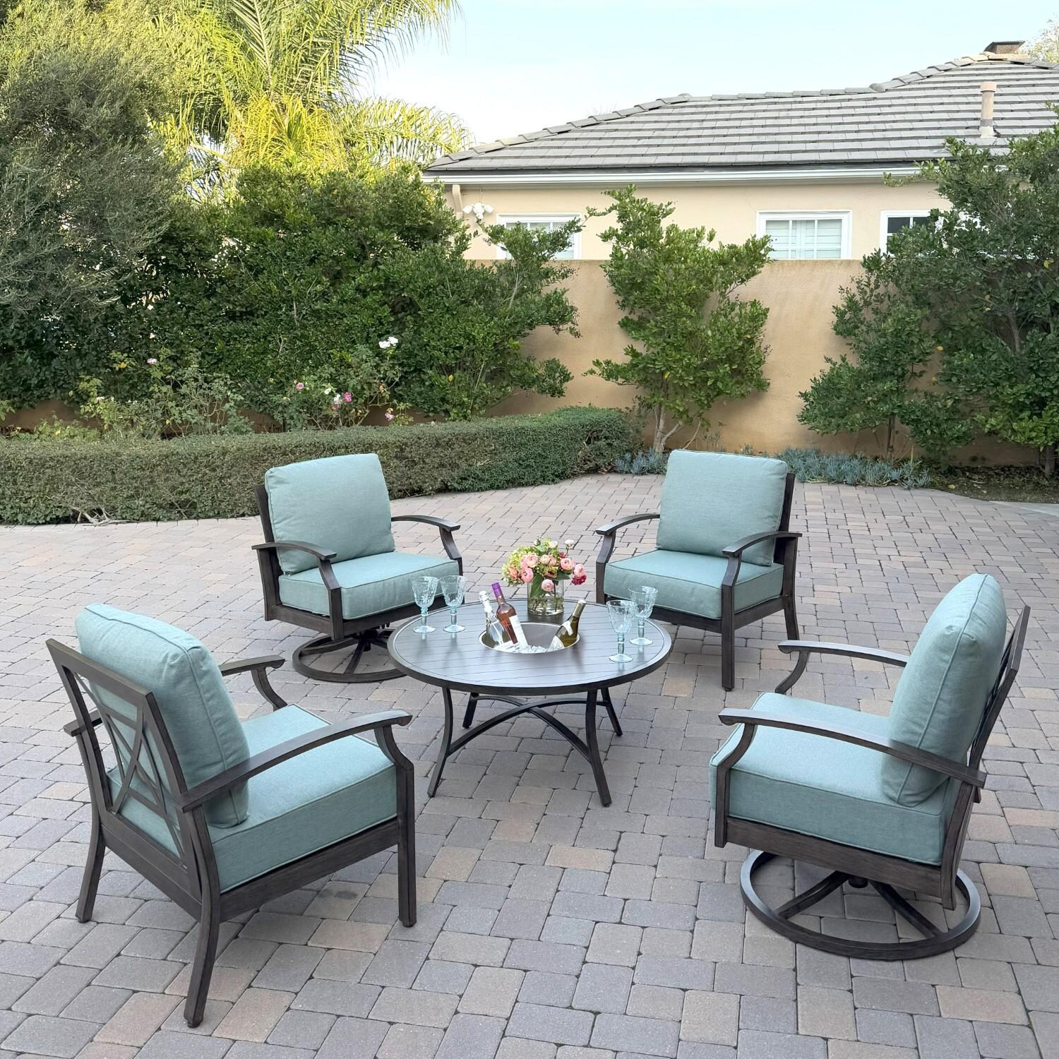 Atlantis 5 Pc Aluminum Seating Set w/ 2 Club Chairs, 2 Swivel Rocker Club Chairs & Ice Bucket in Walnut/Spa by Darlee - Hero - Lifestyle thumbnail