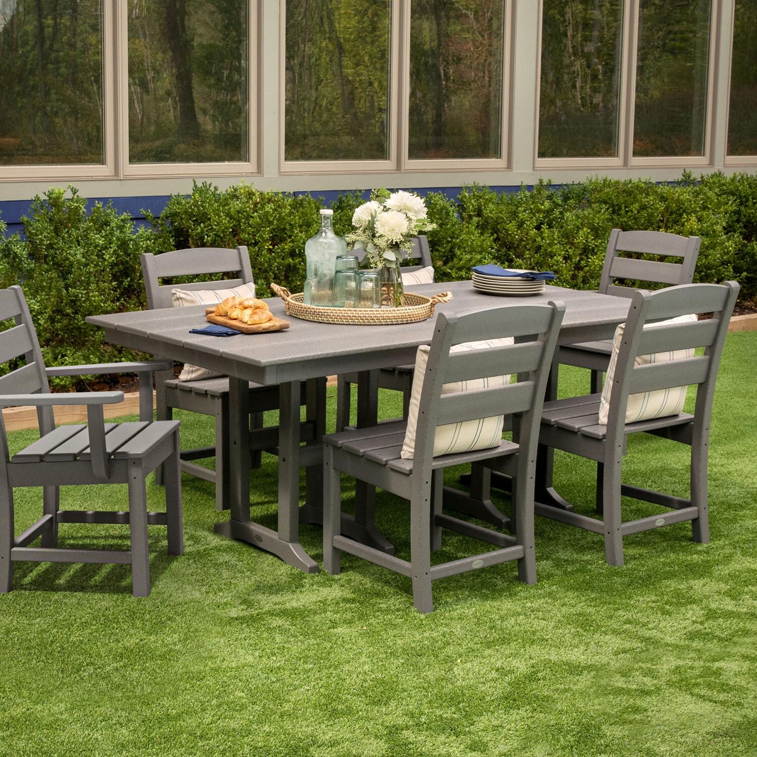 POLYWOOD 37 X 72-Inch Farmhouse Dining Table - Mahogany - Lifestyle (Slate Grey Finish Shown) thumbnail