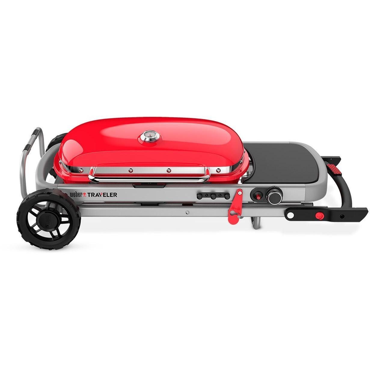 Weber Traveler 9030001 Portable Propane Gas Grill - Red - Cart Folded View - White Background thumbnail