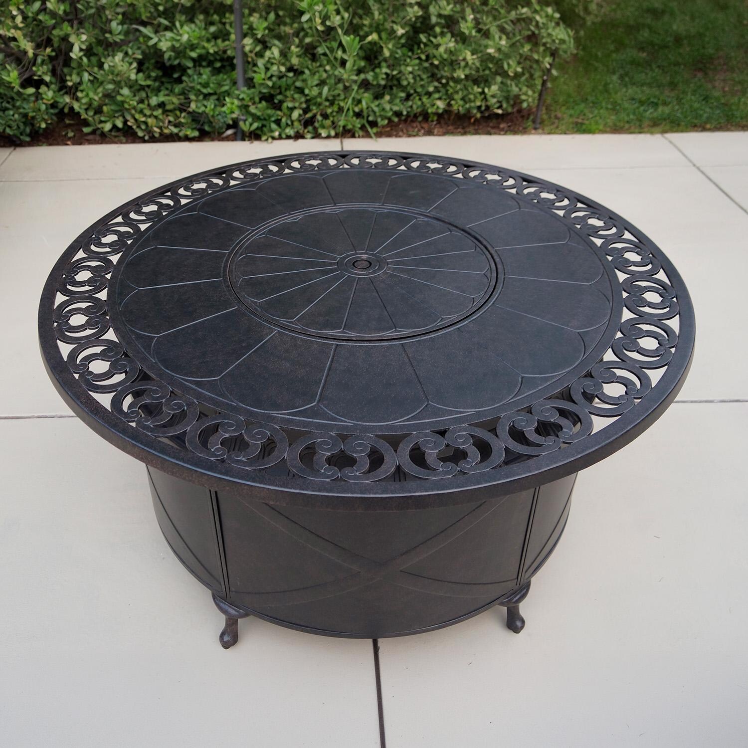 Darlee Elisabeth 6 Pc Cast Aluminum Fire Pit Loveseat Seating Set w/ 47 Inch Table & Throw Pillows in Antique Bronze/Beige - Table w/ Cover - Lifestyle thumbnail