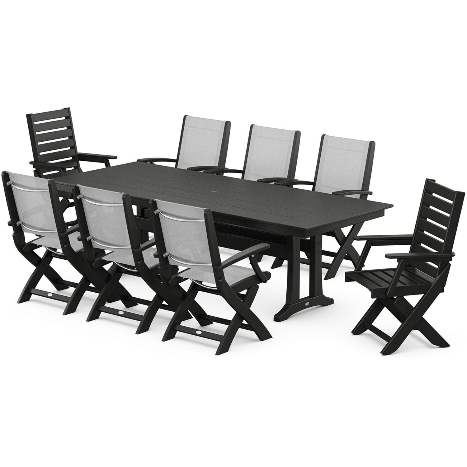 POLYWOOD x BBQGuys Creekside 9 Pc Recycled Plastic Dining Set W/ White Sling in Black