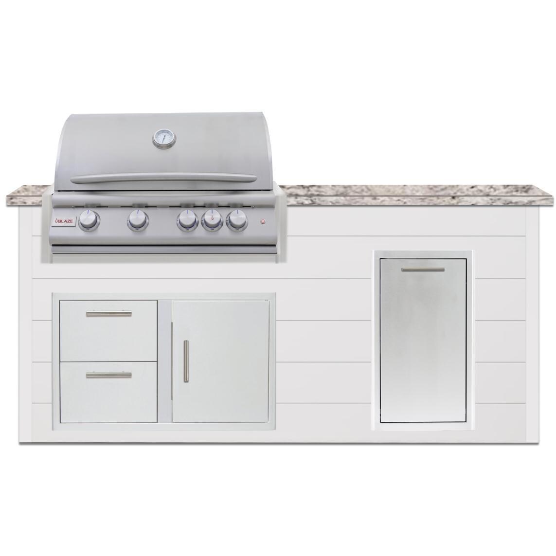 BBQGuys Signature 6 Ft Grill Island w/ 32 Inch Propane Blaze Premium LTE+ Grill, Narrow Trash Bin & Door & Drawer | Sun Bleached Oak w/ White Granite - Front - White Background thumbnail