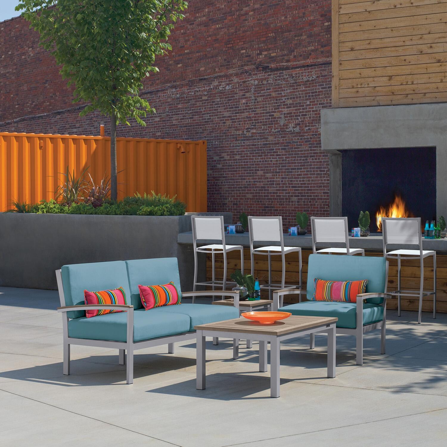 Travira 4 Pc Aluminum Seating Set w/ Club Chair in Vintage Tekwood/ Ice Blue by Oxford Garden