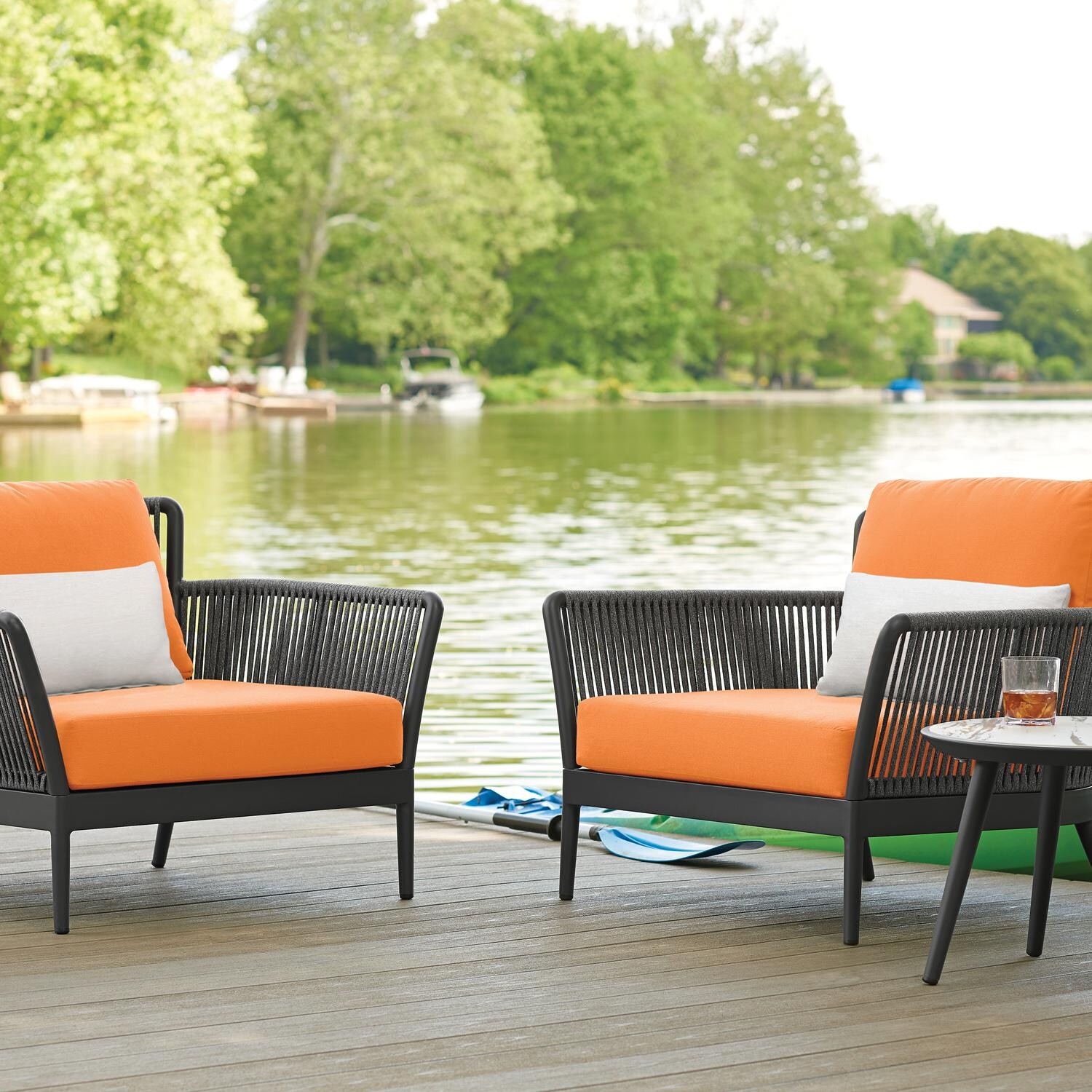 Oxford Garden Nette Olefin Rope & Aluminum Club Chair W/ Salt Lumbar Pillow in Carbon/Tangerine - Lakeside thumbnail