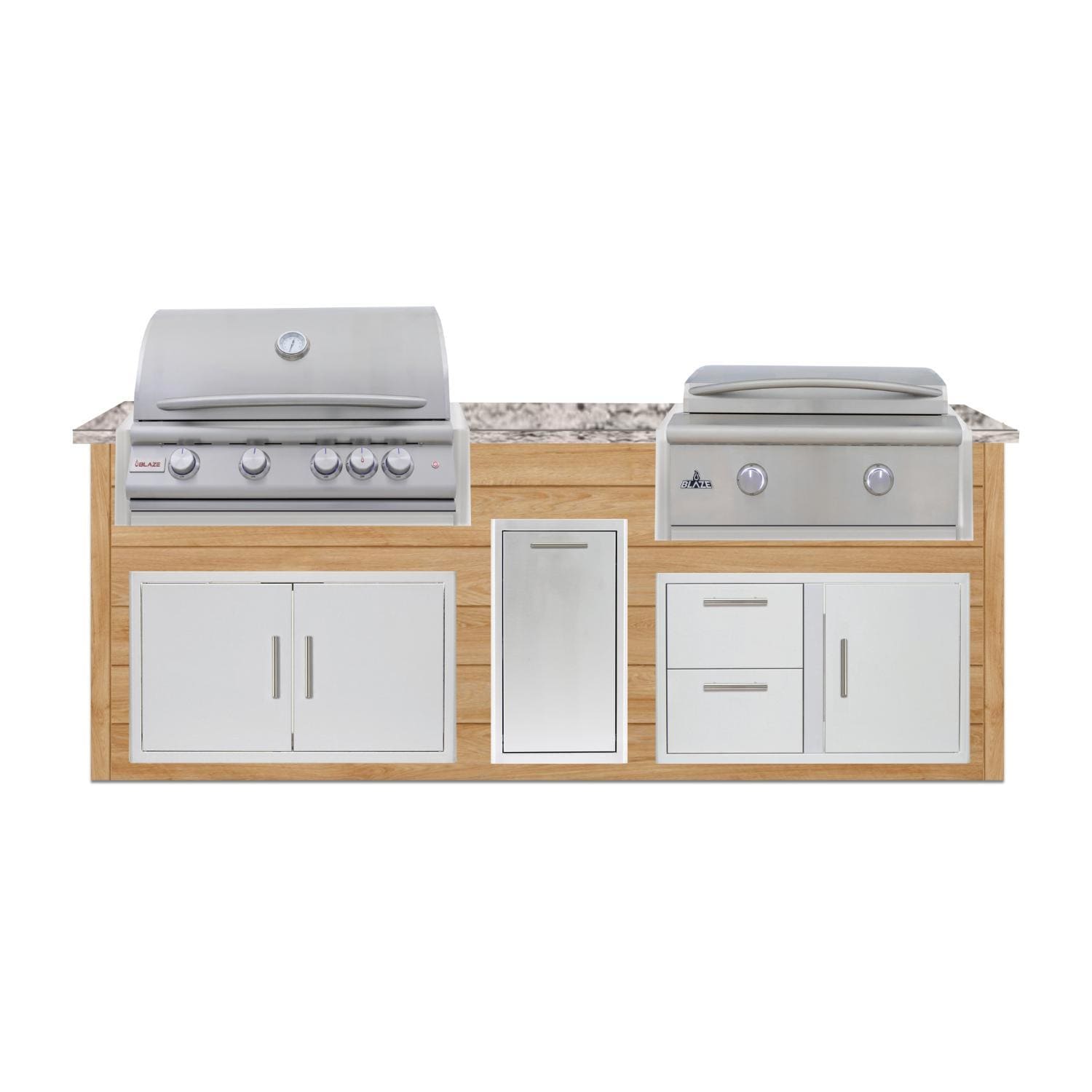 BBQGuys Signature 8-Foot Outdoor Kitchen Island w/ 32-in Propane Blaze LTE+ Grill & Griddle & Narrow Trash Bin | Sun Bleached Oak | White Granite by