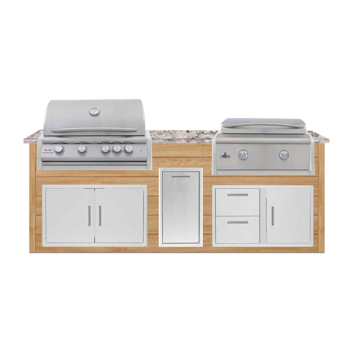 BBQGuys Signature 8 Ft Grill Island w/ 32 Inch Propane Blaze Premium LTE+ Grill & Griddle, Narrow Trash Bin & Door & Drawer | Sun Bleached Oak w/ White Granite - Front - White Background thumbnail