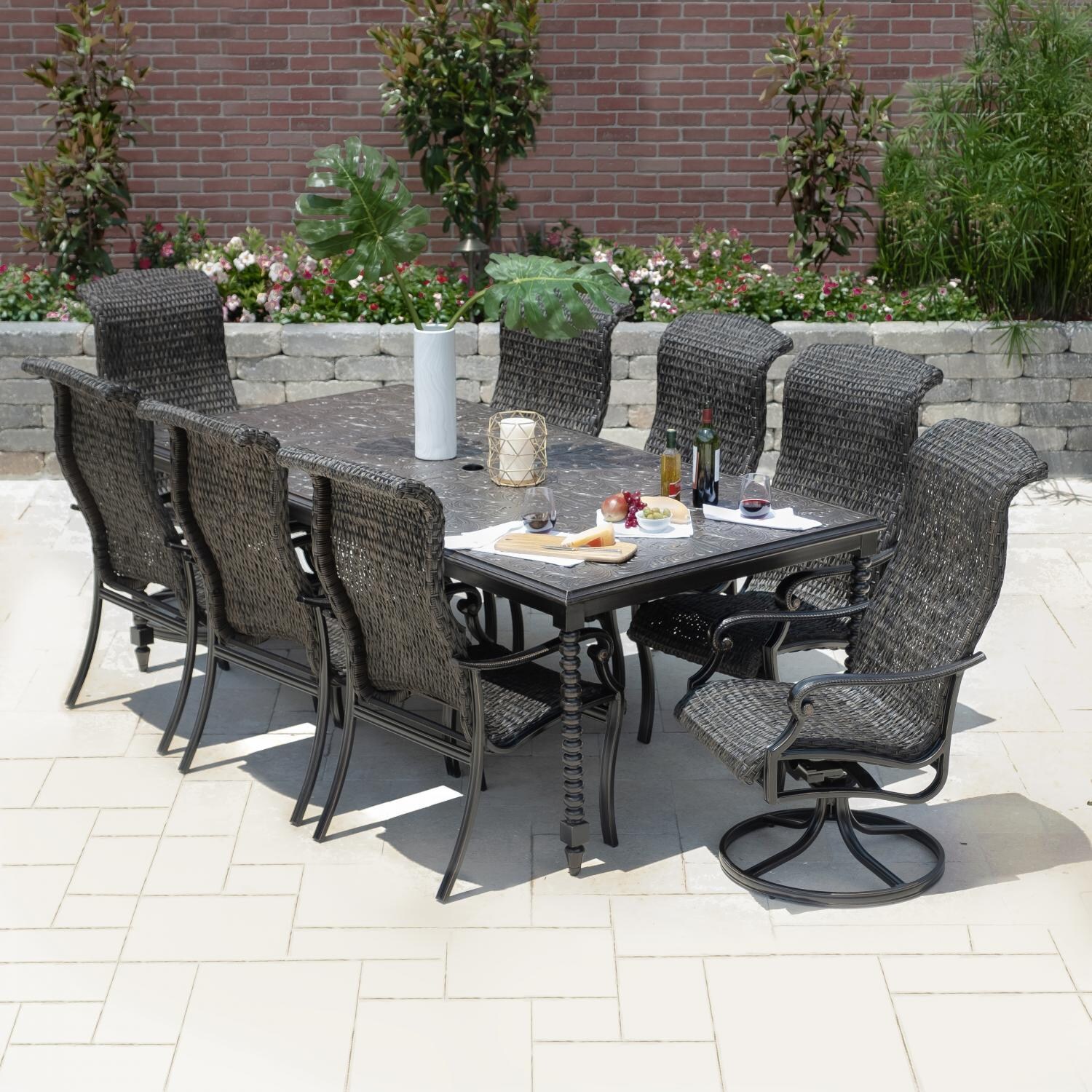 Du Monde 9 Piece Banana Leaf Wicker Patio Dining Set W/ 90 X 46 Inch Rectangular Dining Table & 2 Swivel Rockers By Lakeview Outdoor Designs