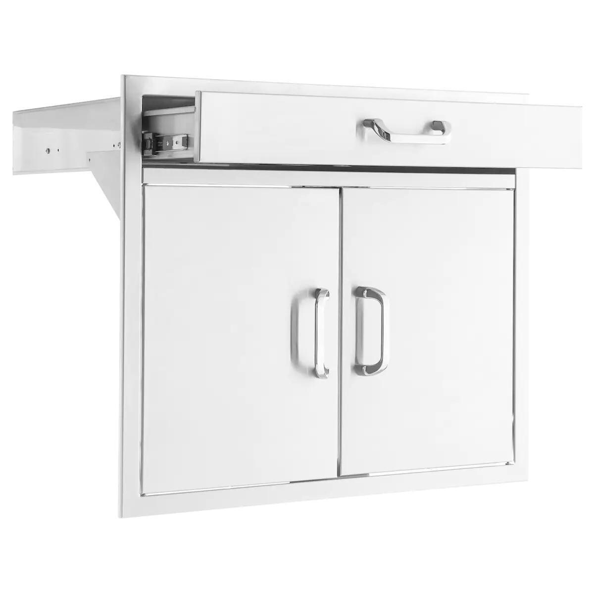 BBQGuys Signature 30-Inch Stainless Steel Double Door & Single Drawer Combo - Traditional - Drawer Open - White Background thumbnail