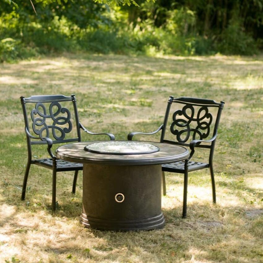 Tretco 44-Inch Traditional Round Concrete Fire Pit Table - Dark Brown W/ Tile Top - Lifestyle thumbnail