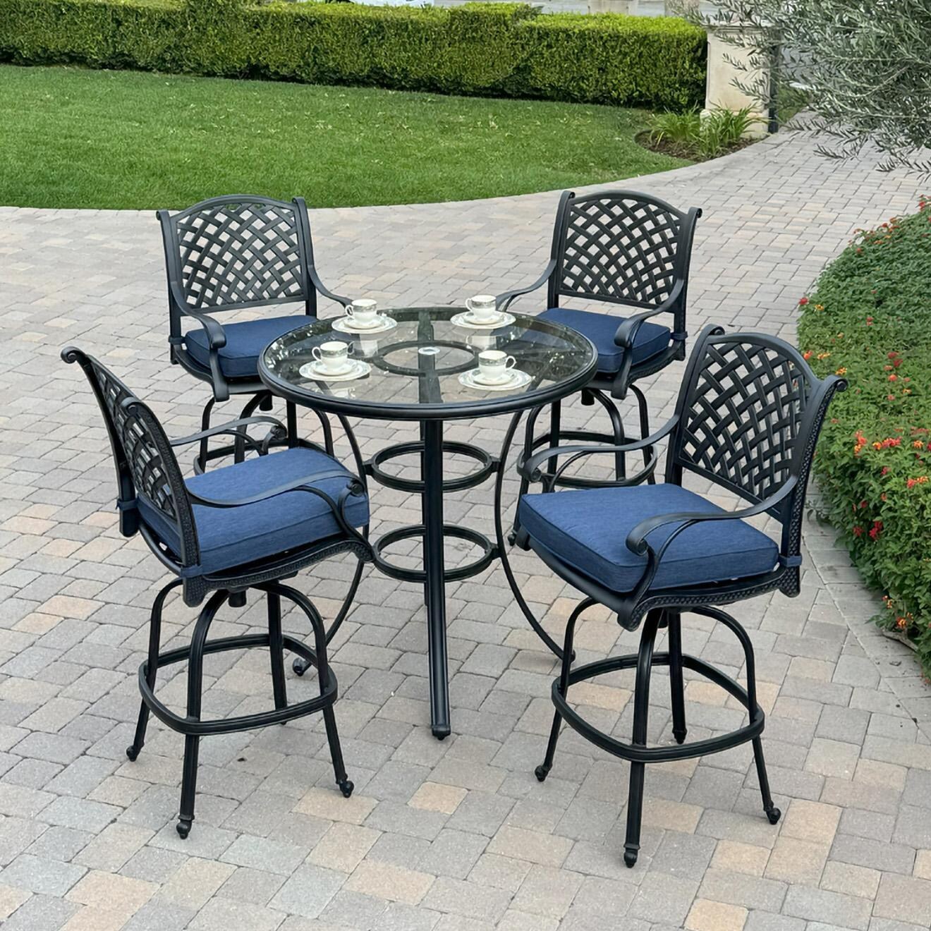 Darlee B/DL13-5PC-50F-N Nassau 5 Pc Cast Aluminum Bar Set in Antique Bronze w/ Navy Cushions - Set - Lifestyle thumbnail