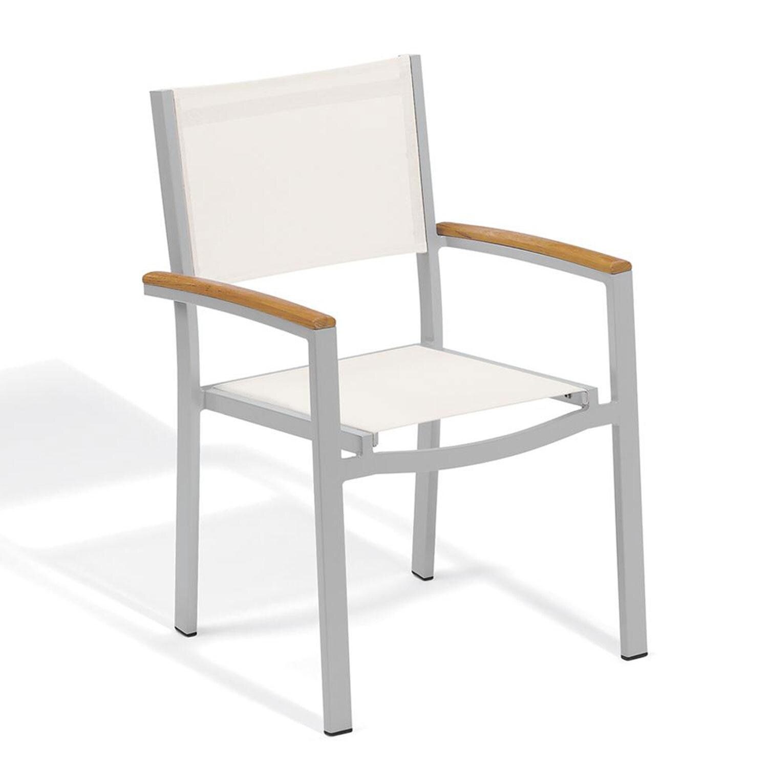 Oxford Garden Travira 7 Piece Flint Aluminum Patio Dining Set - Natural Sling Armchair w/ Natural Tekwood Arms thumbnail