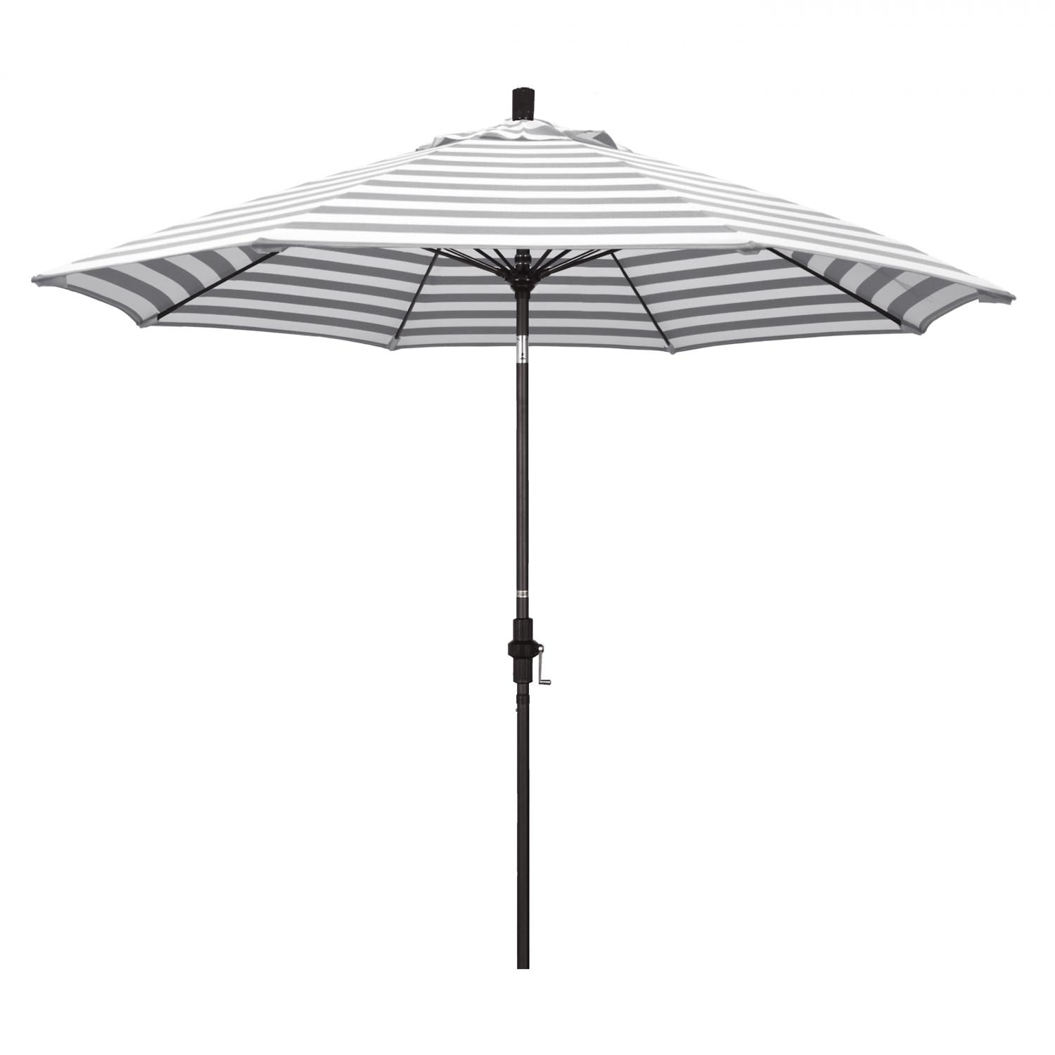 California Umbrella Sun Master Series 9 Ft Octagonal Aluminum Collar Tilt Patio Umbrella W/ Crank Lift & Fiberglass Ribs - Bronze Frame / Olefin Gray White Cabana Stripe Canopy thumbnail