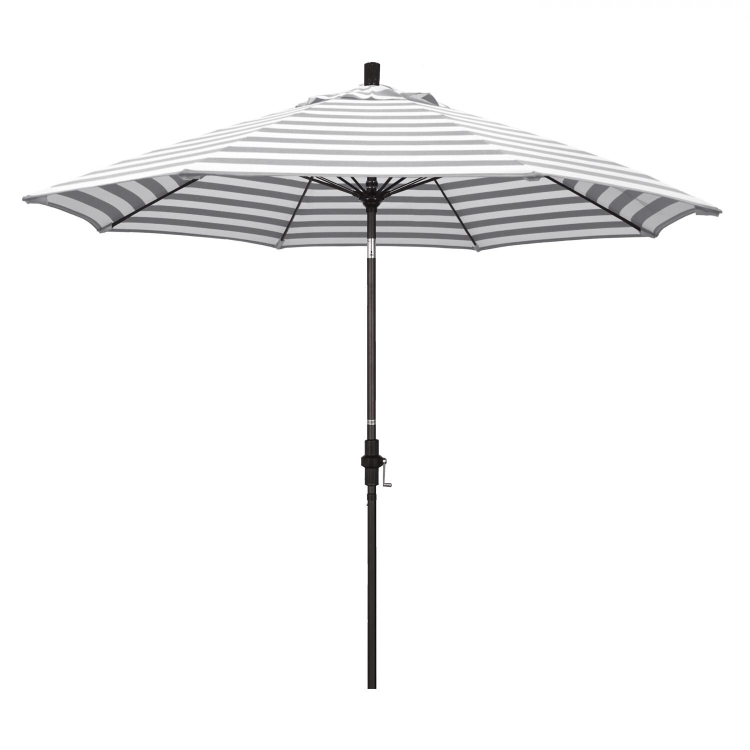 California Umbrella Sun Master Series 9 Ft Octagonal Aluminum Collar Tilt Patio Umbrella W/ Crank Lift & Fiberglass Ribs - Bronze Frame / Olefin Gray White Cabana Stripe Canopy thumbnail