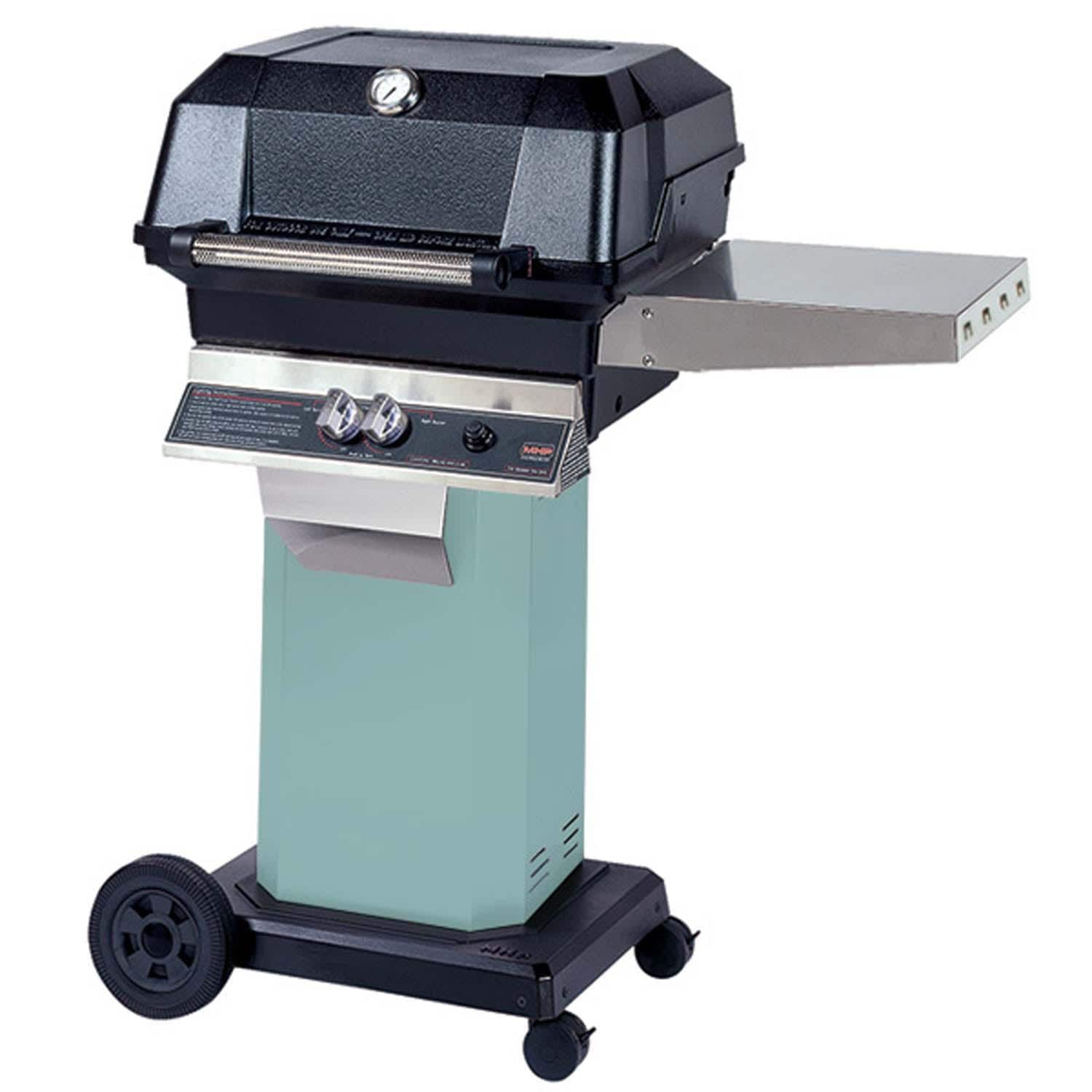MHP JNR Propane Grill Head w/ Drop Down Shelves on Aqua Fire Grill Column & Portable Base w/ Locking Casters