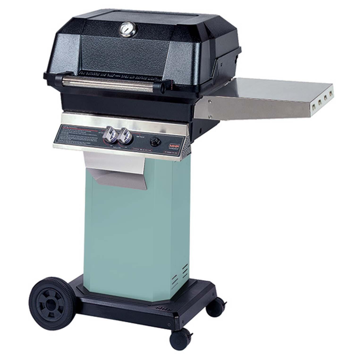 MHP JNR Propane Grill Head w/ Drop Down Shelves on Aqua Fire Grill Column & Portable Base w/ Locking Casters - White Background thumbnail