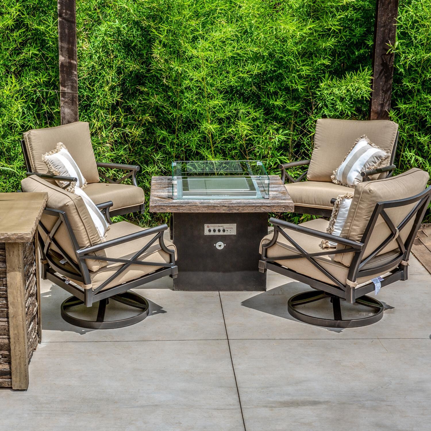Blazing Beats 5 Piece Aluminum Patio Fire Table Conversation Set W/ Laguna Loft Fire Table Feat