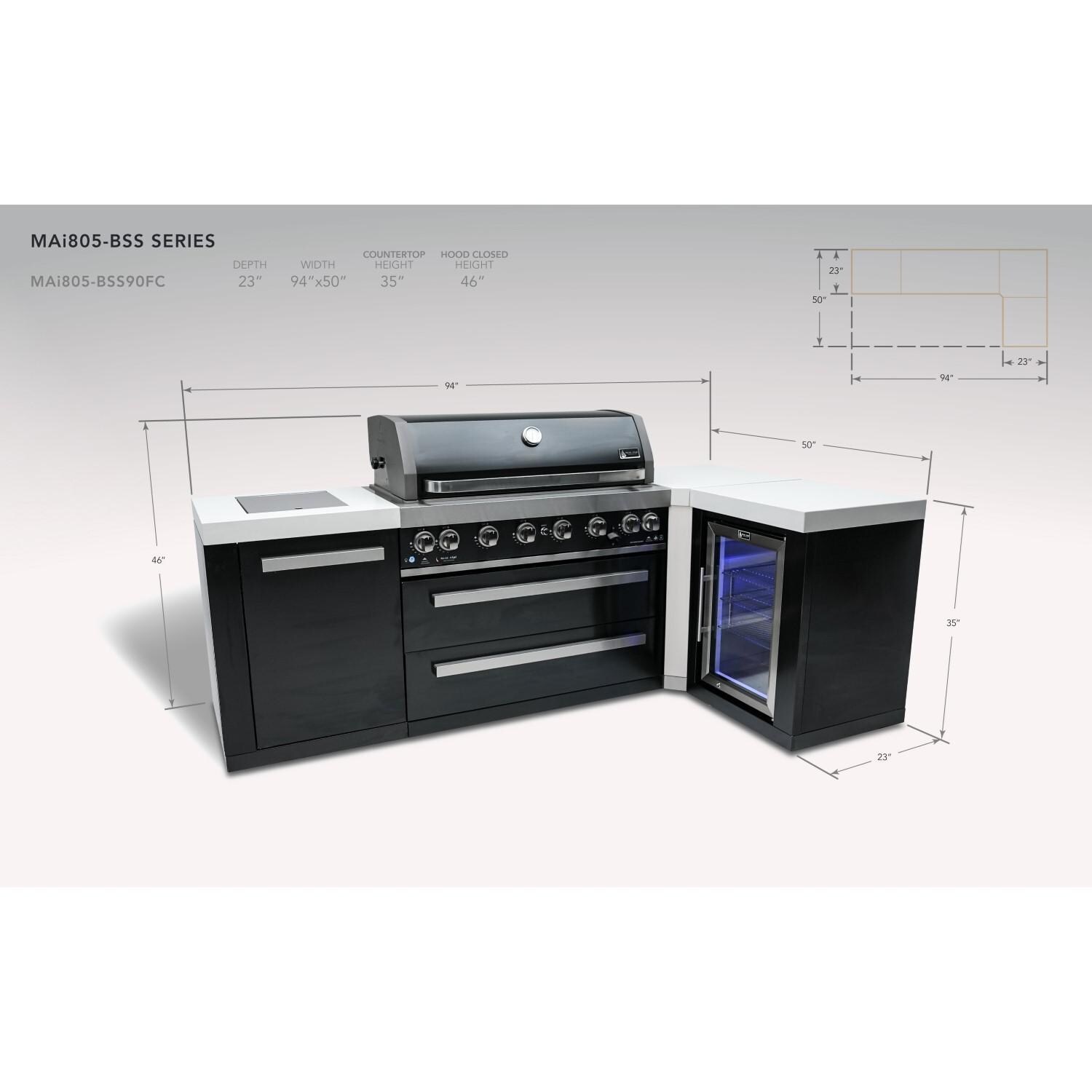 Mont Alpi - MAi805-BSS90FC - Deluxe 90 Degree Propane Gas Island Grill W/ Refrigerator Cabinet, Infrared Side Burner, & Rotisserie Kit - Black Stainless Steel - Dimensional