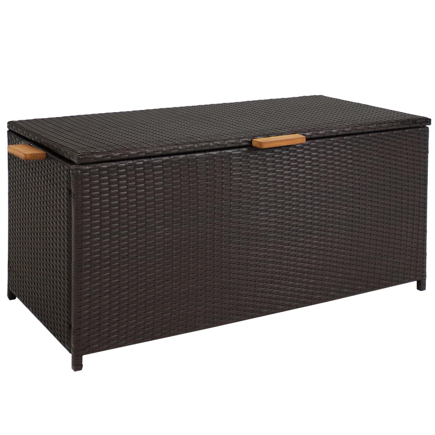Ultimate Patio 75-Gallon Indoor/Outdoor Resin Wicker Storage Box W/ Acacia Wood Handles - Angled View thumbnail