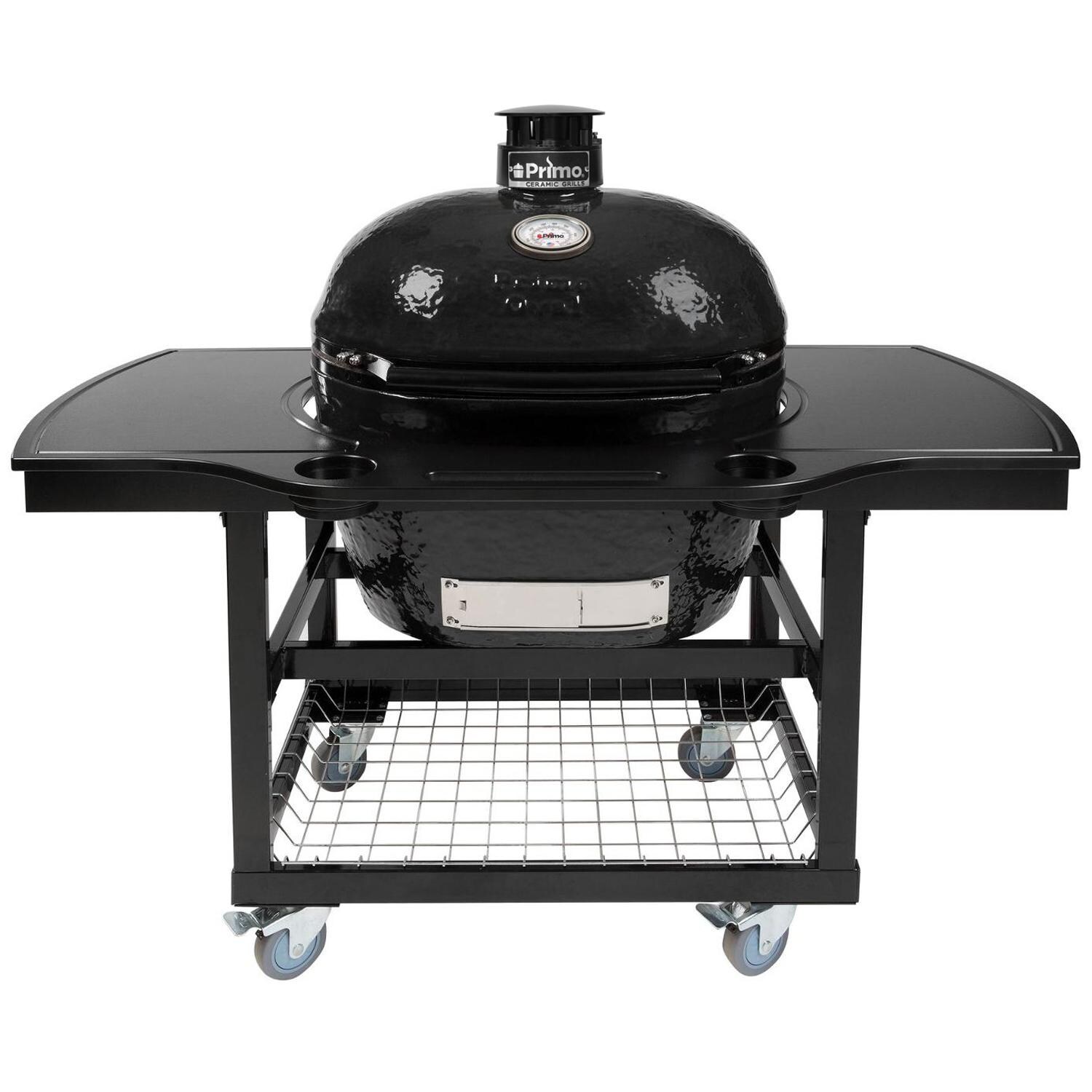 Primo Oval XL 400 Ceramic Kamado Grill On Steel Cart With 1-Piece Island Side Shelves, Cup Holders, And Stainless Steel Grates - PGCXLH