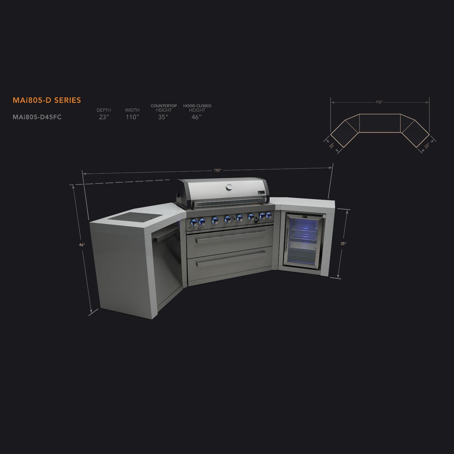 Mont Alpi MAi805-D45FC Deluxe 45 Degree Natural Gas Island Grill W/ Refrigerator Cabinet - Dimensional thumbnail