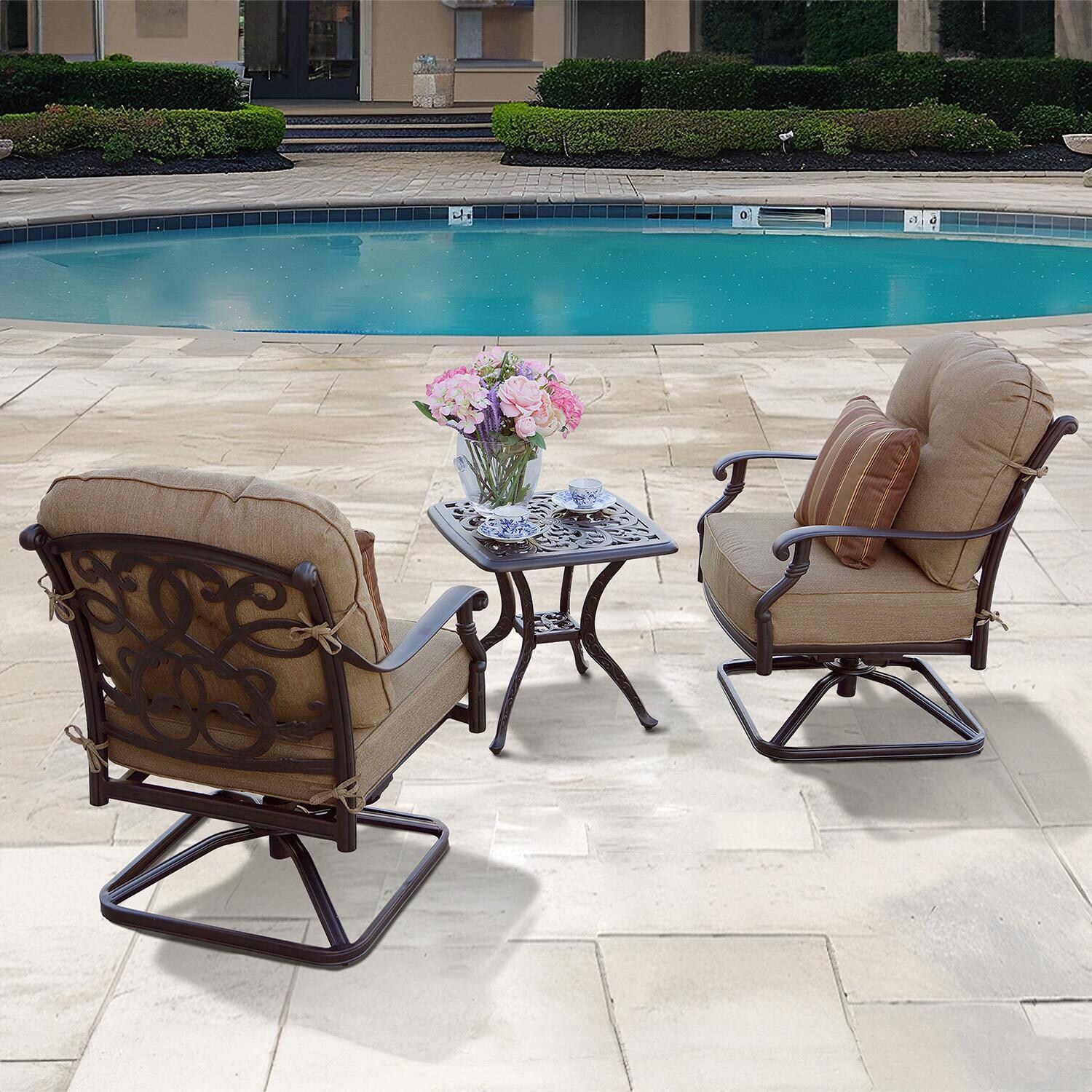 Darlee Santa Monica 3-Piece Patio Conversation Set with Cushions and 21 Inch Square End Table - Set by Pool - Lifestyle thumbnail