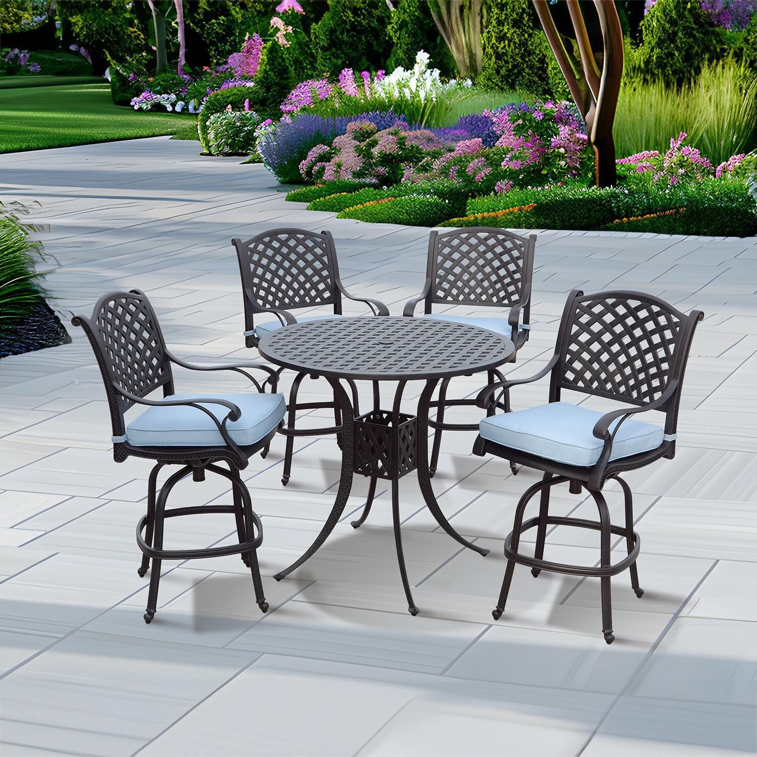 Darlee Nassau 5-Piece Patio Bar Set with Sky Blue Cushions and 42 Inch Round Bar Table - Set - Lifestyle thumbnail