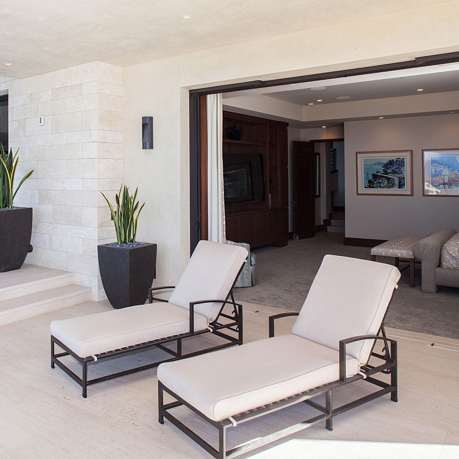 La Jolla Aluminum Patio Chaise Lounge in Canvas Skyline w/ Self Welt By Sunset West - Patio Dining - Shown in Canvas Flax finish (Only One Included) - Lifestyle thumbnail