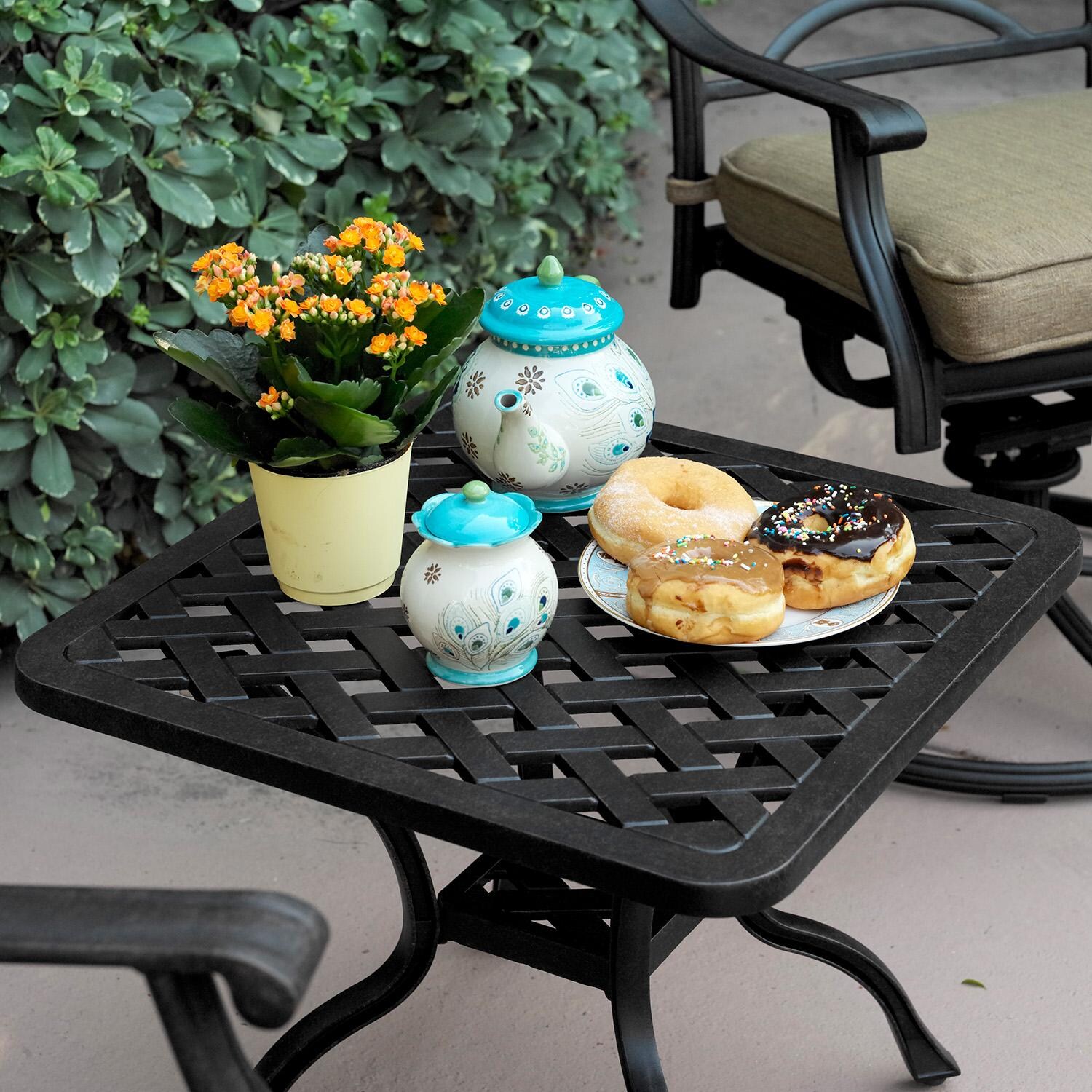 Series 30 21 Inch Antique Bronze Cast Aluminum Console Table By Darlee - Shown w/ Breakfast - Lifestyle thumbnail