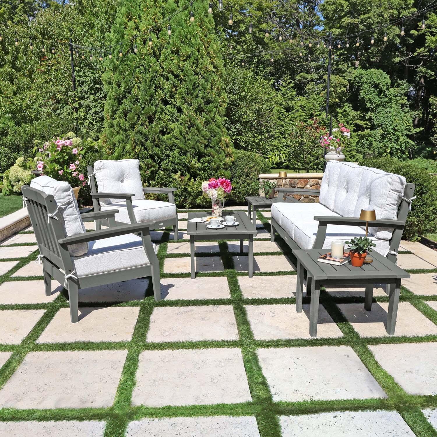 Blushing Bay 6 Pc Recycled Plastic Seating Set w/ Sofa in Lively Parchment/Coastal Teak by Lakeview Outdoor Designs - Side View - Lifestyle thumbnail