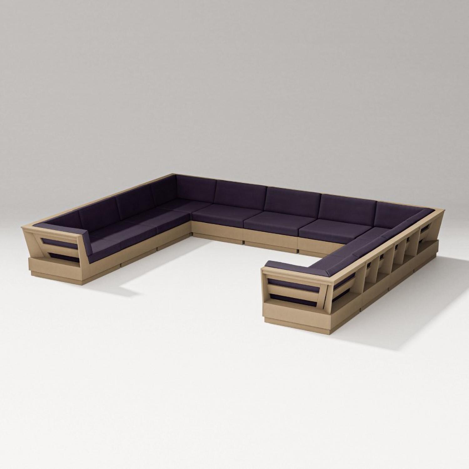 Elevate 9 Person U-shaped Recycled Plastic Sectional Sofa in Vintage Sahara/Navy Linen By PW Designer Series