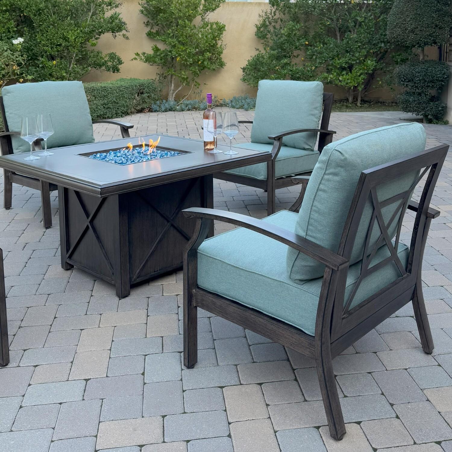 Atlantis 5 Pc Aluminum Fire Pit Seating Set w/ 4 Club Chairs in Walnut/Spa by Darlee - Chair Rear - Lifestyle thumbnail