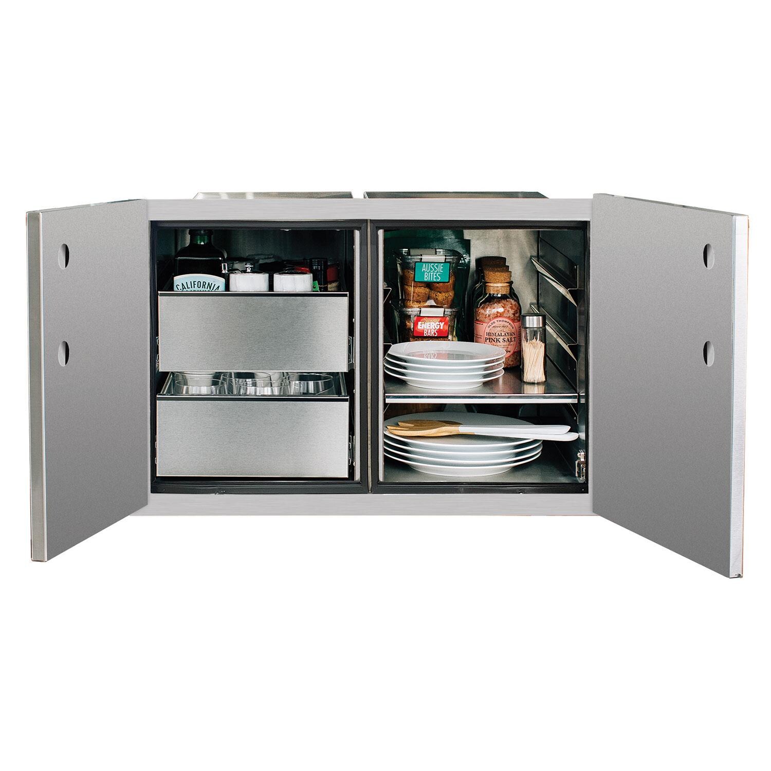 Summerset DP-36DC 36 Inch 2 Drawer Dry Storage Pantry & Enclosed Cabinet Combo - Open - White Background thumbnail