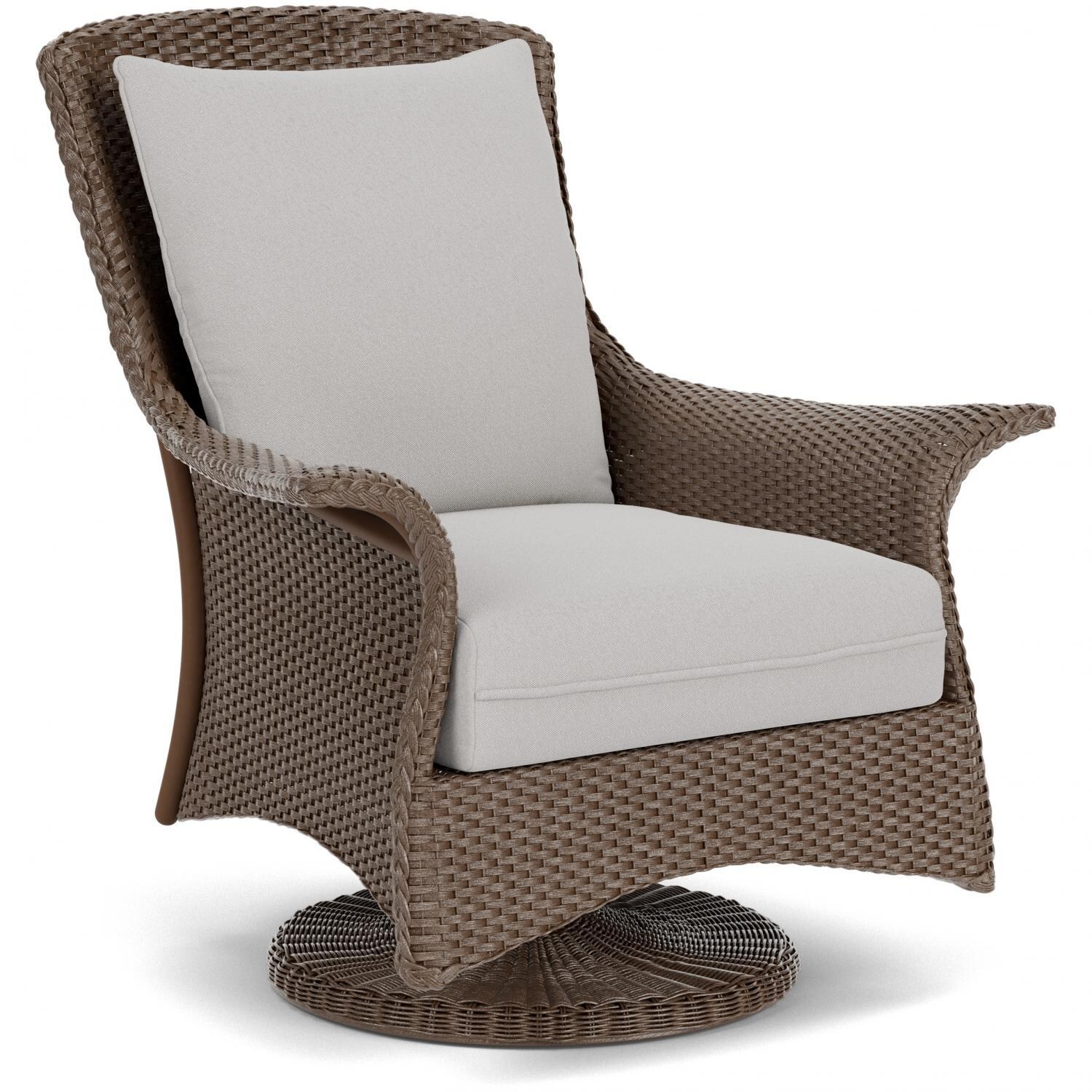 Lloyd Flanders Mandalay Swivel Rocker Lounge Chair in Bark Finish with Tundra Dove Fabric - Angled thumbnail