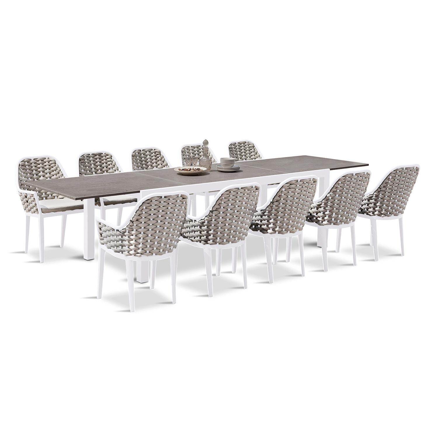 Chloe Bay 13 Pc Aluminum Extendable Dining Set in White/Barnwood by Lakeview - Angled View - White Background thumbnail