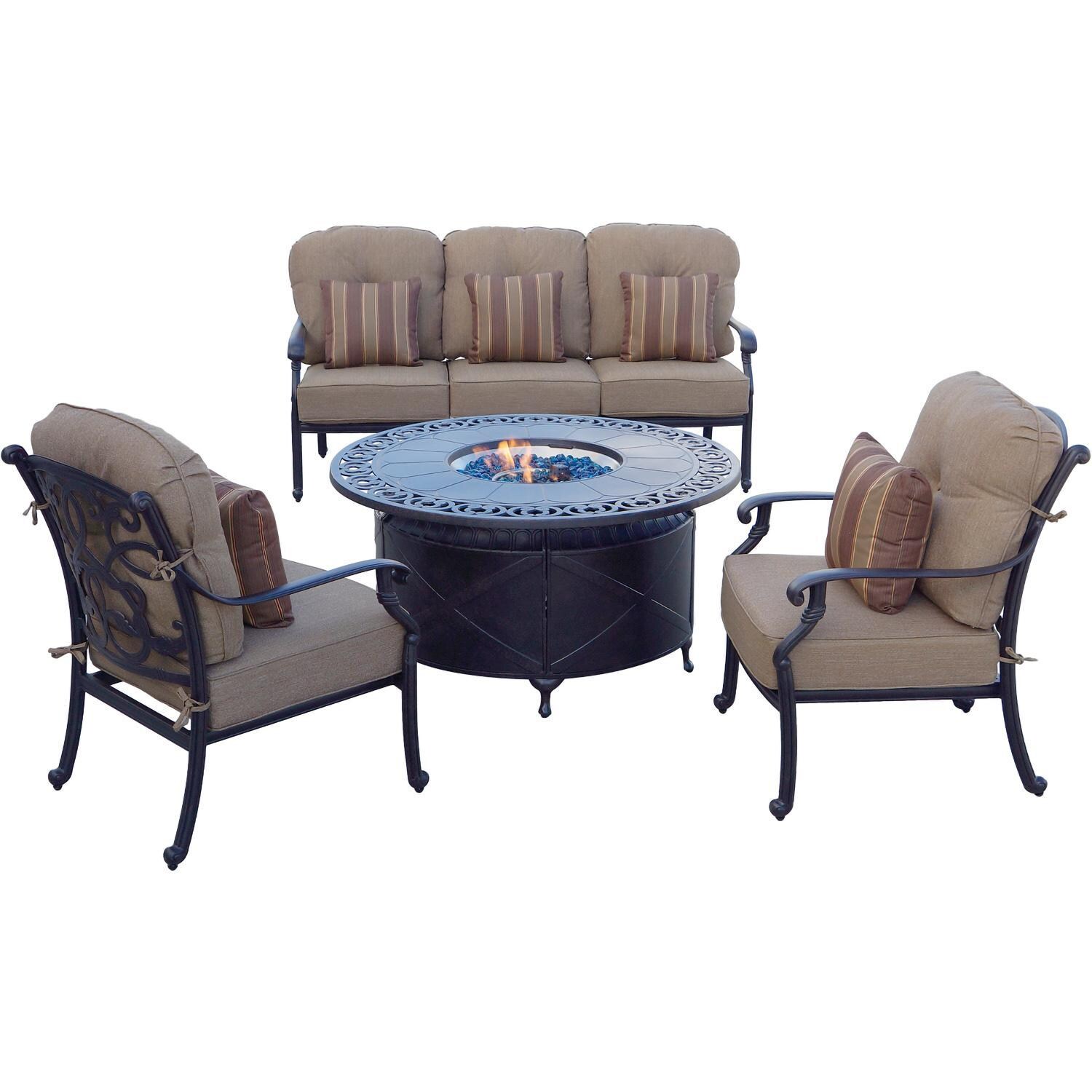 Darlee Santa Monica 4-Piece Patio Propane Fire Pit Sofa Conversation Set with Cushions and 47 Inch Round Fire Pit Chat Table and Fireglass - Set - White Background thumbnail
