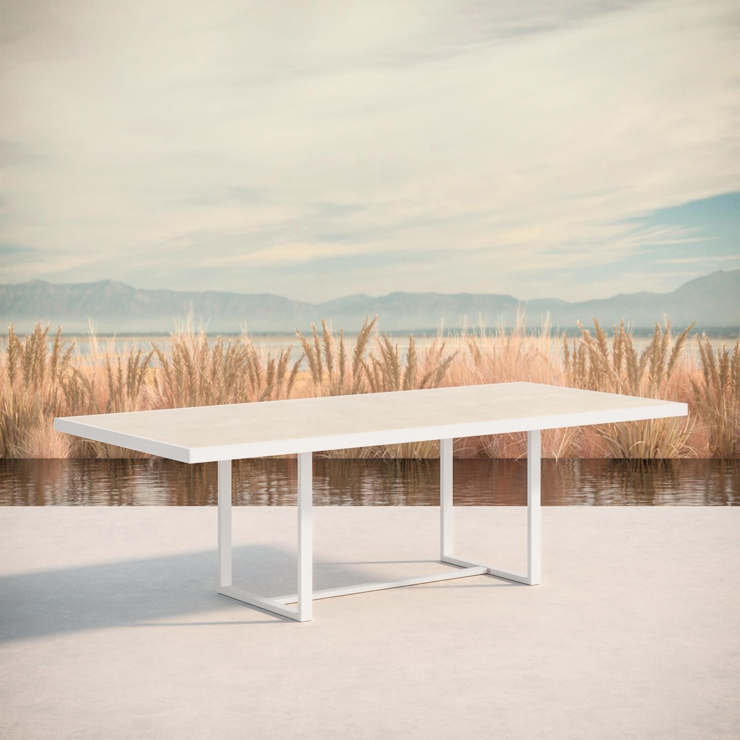 Azzurro Living Kamari 96 Inch White Aluminum Dining Table W/ Albarium Dekton Top - Lifestyle thumbnail