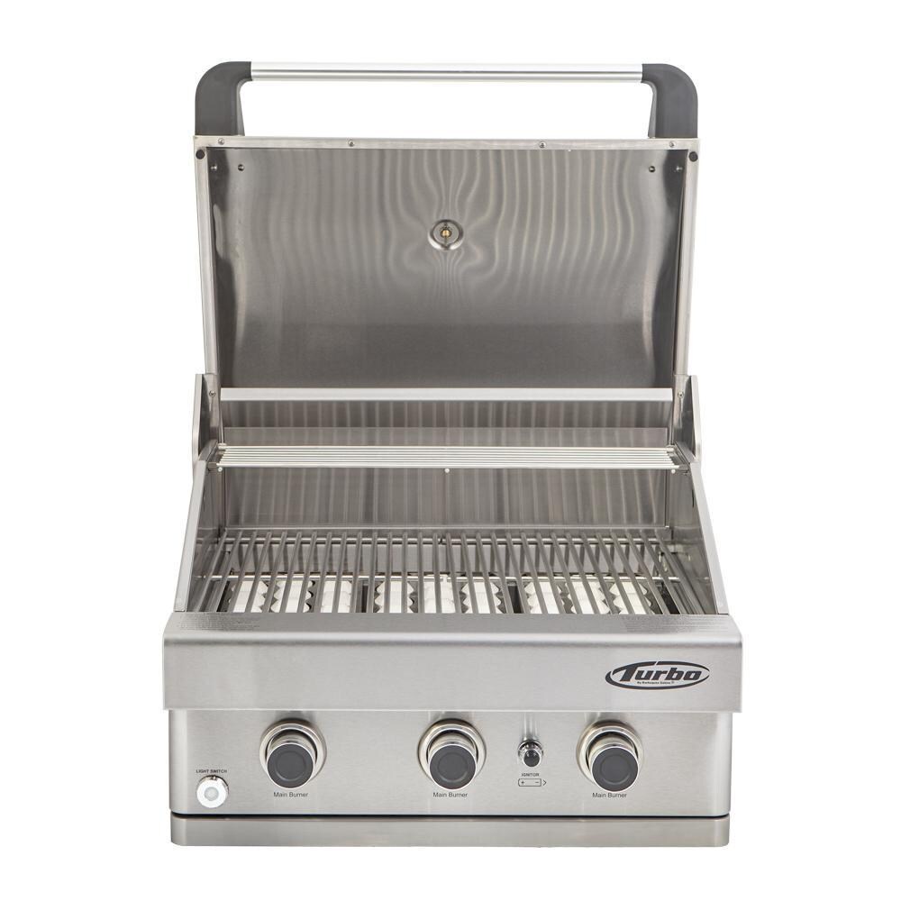 Turbo BTH2621BNG 26-Inch 3-Burner Built-In Gas Grill - Grill Front With Hood Open thumbnail
