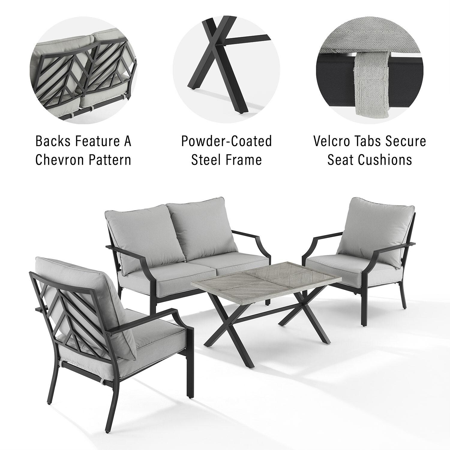 Classique Cove 4 Pc Steel Outdoor Loveseat Patio Furniture Set by Ultimate Patio - Set Features - Detail thumbnail