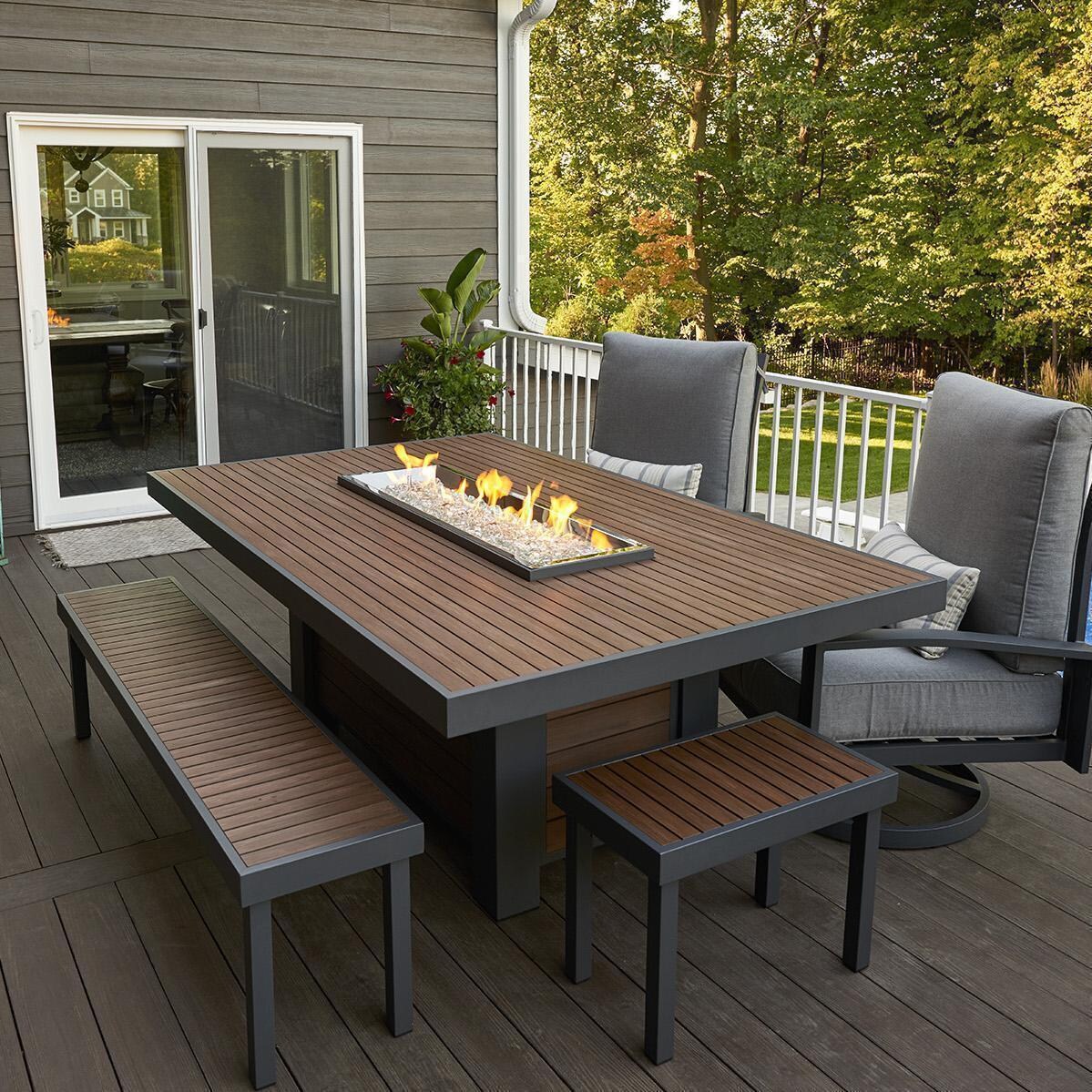 Revere 5 Pc Cast Aluminum Propane Fire Pit Dining Set in Brown by Lakeview Outdoor Designs - On Patio Lit - Lifestyle thumbnail
