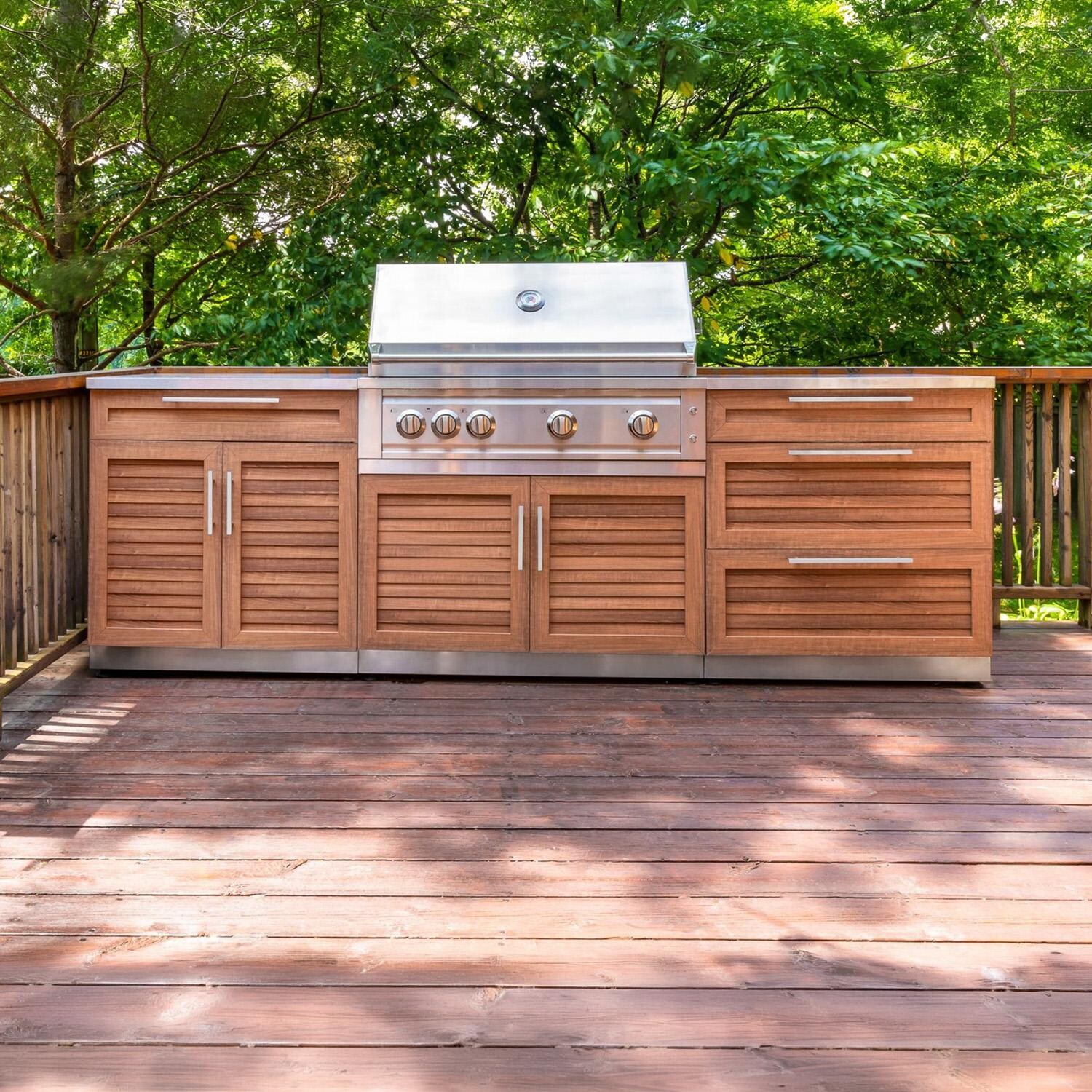 NewAge Products 71090 Classic Series 8 Ft Outdoor Kitchen Island w/ 33-in Propane Grill, Sink, Trash Bin, Door & Drawer in Grove/Stainless Steel - On Patio - Lifestyle thumbnail