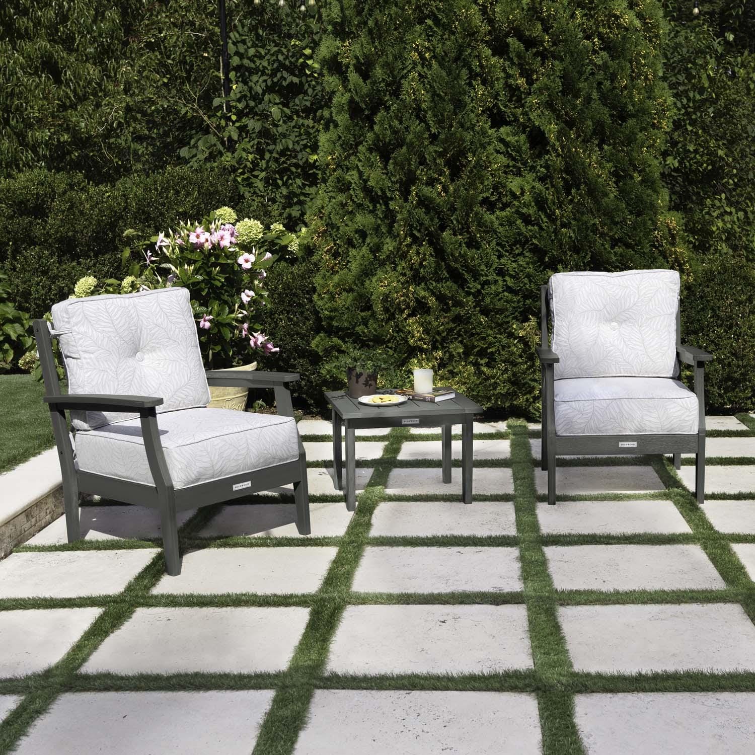 Blushing Bay 3 Pc Recycled Plastic Seating Set in Lively Parchment/Coastal Teak by Lakeview Outdoor Designs - Angled Left - Lifestyle thumbnail
