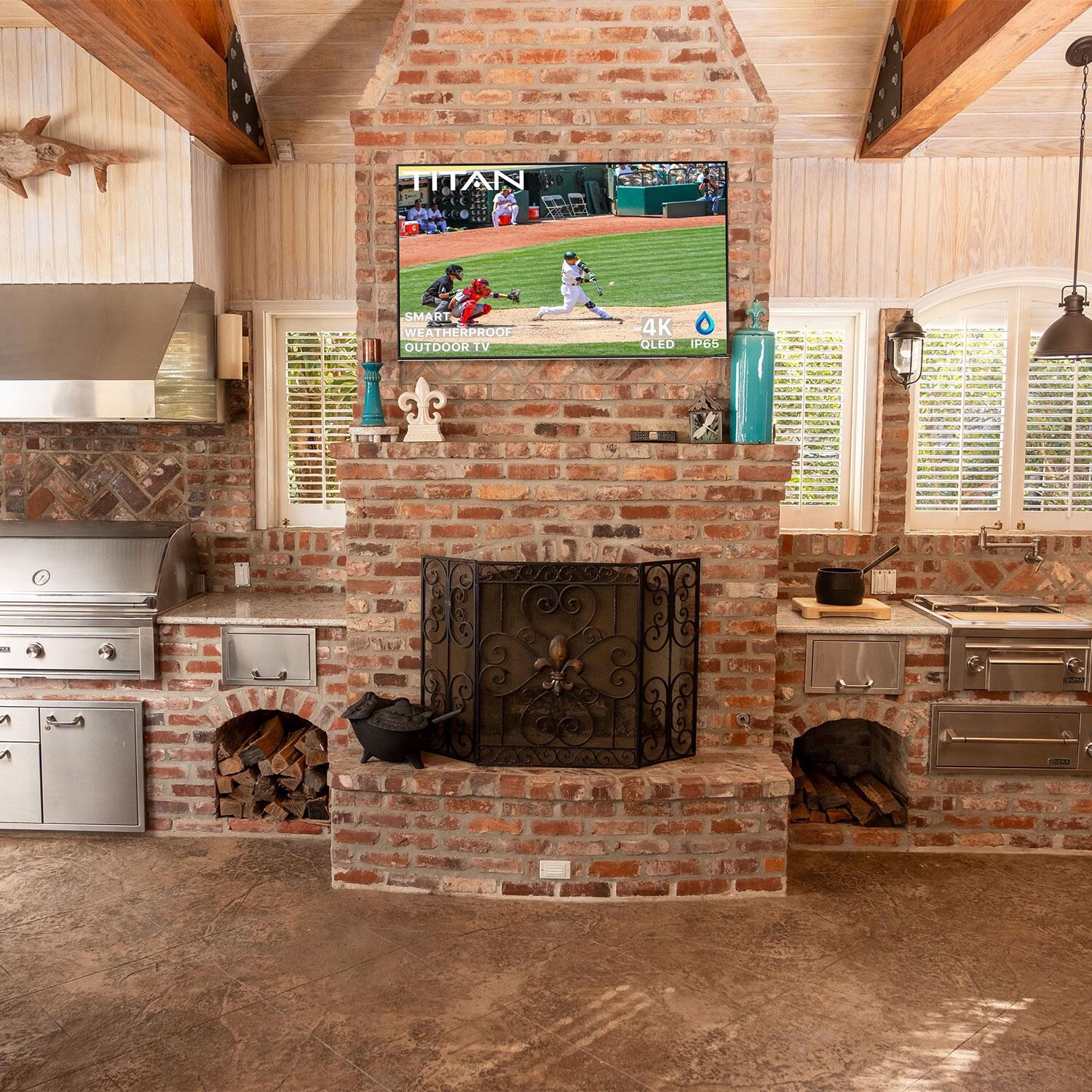 Titan Neo QN90C Series 85 Inch Full Sun QLED Outdoor Smart TV - Mounted in Outdoor Kitchen - White Background thumbnail