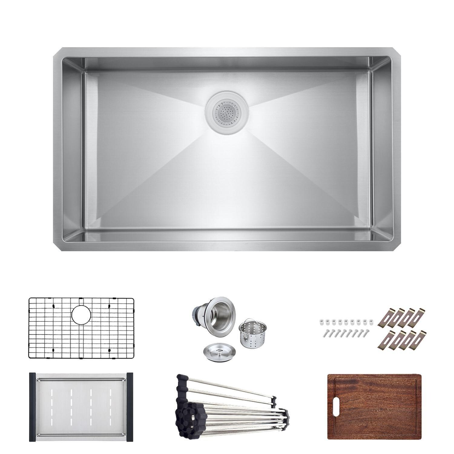 BBQGuys Signature Undermount Stainless Steel Kitchen 30-Inch Workstation Sink W/Grid, Strainer, and 3 Accessories - White Background thumbnail