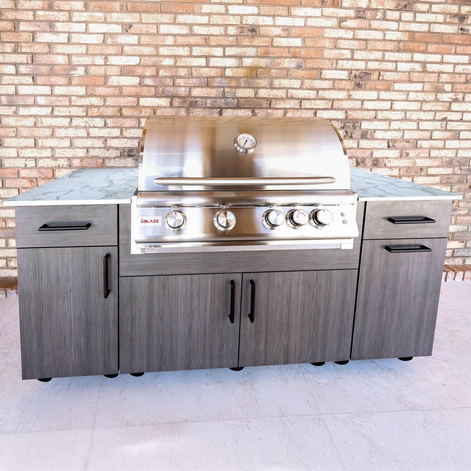 BBQGuys Signature Beech 6 Ft Outdoor Kitchen Island w/ Blaze Natural Gas Grill in Grey Cedar/Icecap White - Island - Lifestyle thumbnail