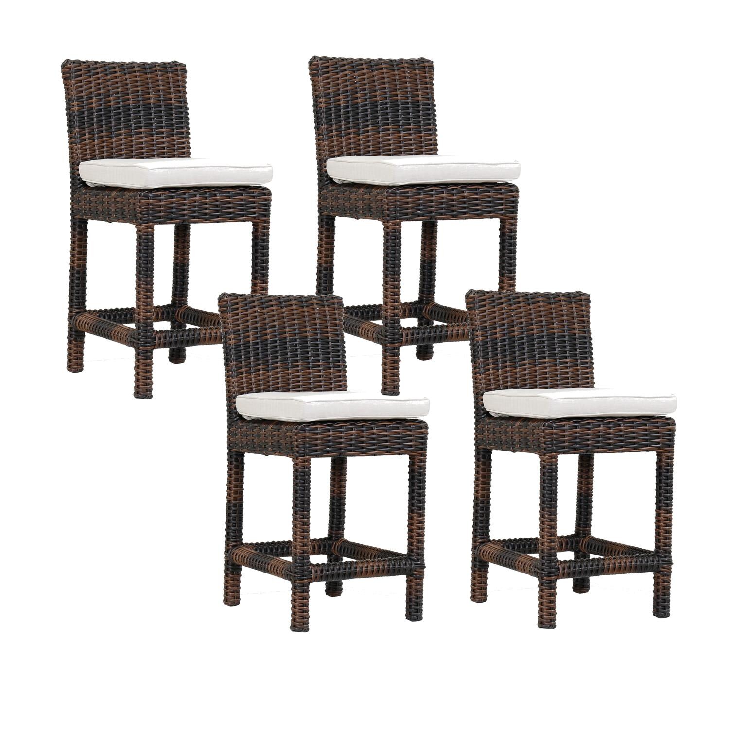 Montecito 4 Piece Wicker Patio Counter Height Bar Stool Set W/ Sunbrella Canvas Flax Cushions By Sunset West thumbnail