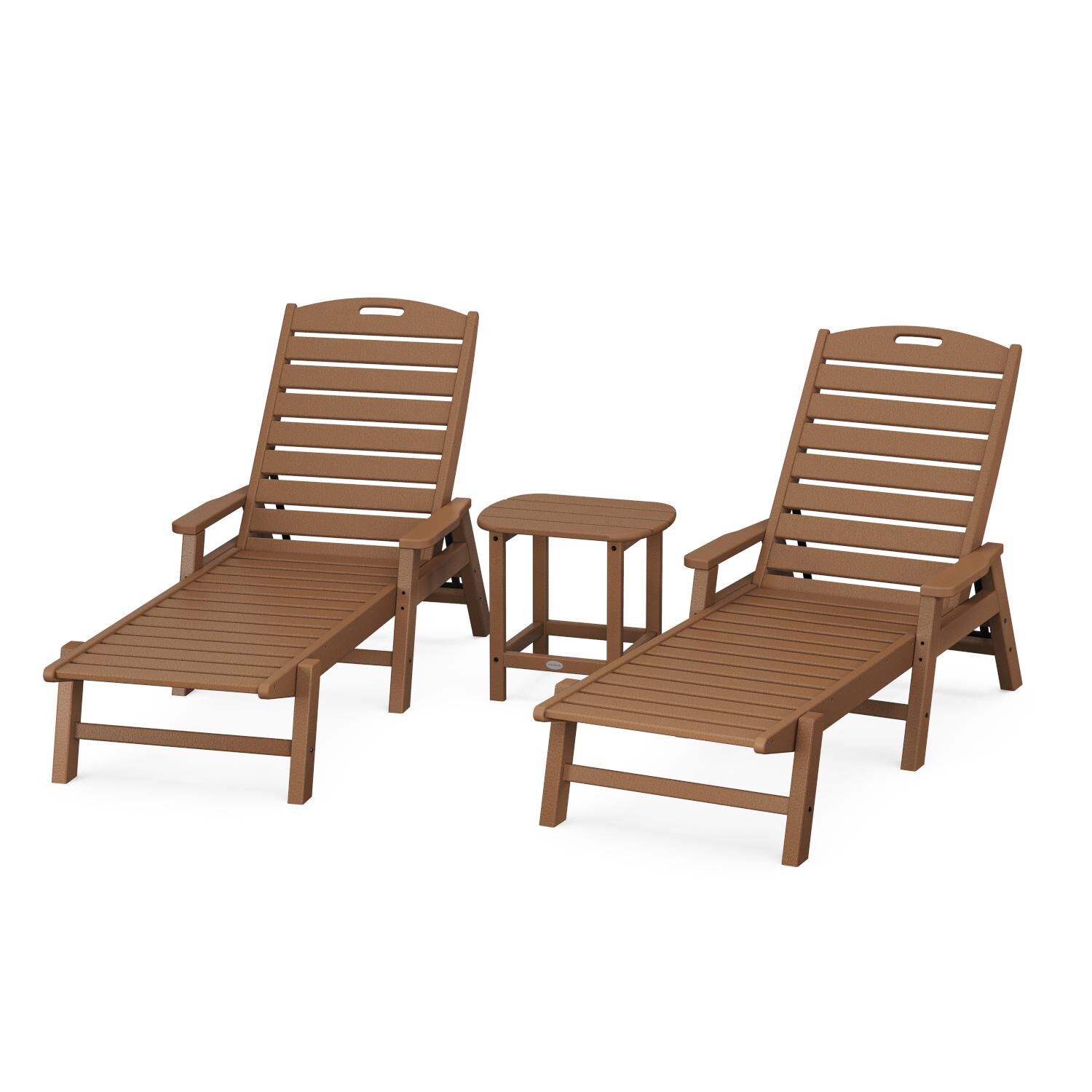 Nautical 3 Pc Set Recycled Plastic Chaise Lounge Set w/ Arms in Teak by POLYWOOD