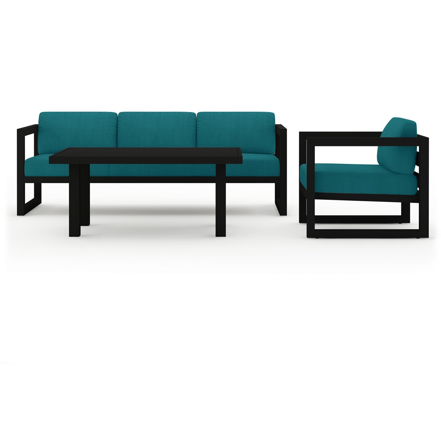 Misty Cove 3 Pc Aluminum Seating Set w/ Sofa & Classic Chat Table in Black/Spectrum Peacock by Lakeview Outdoor Designs