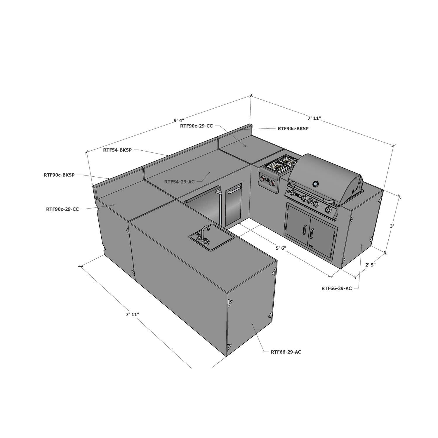 Universal 8 ft X 9.5 ft X 8 ft Ready To Finish U-Shaped Outdoor Kitchen System Appliance and Storage Cabinets W/Backsplashes On 54 Inch & 90 Degree Corner Cabinets - W/Appliances - Dimensional thumbnail