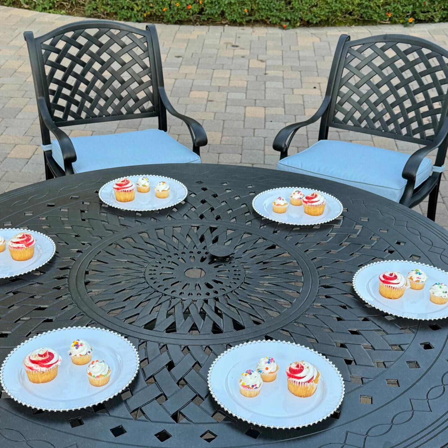 Darlee B/DL13-7PC-26D-B Nassau 7 Pc Cast Aluminum Dining Set in Antique Bronze w/ Blue Cushions - Table Setting - Lifestyle thumbnail