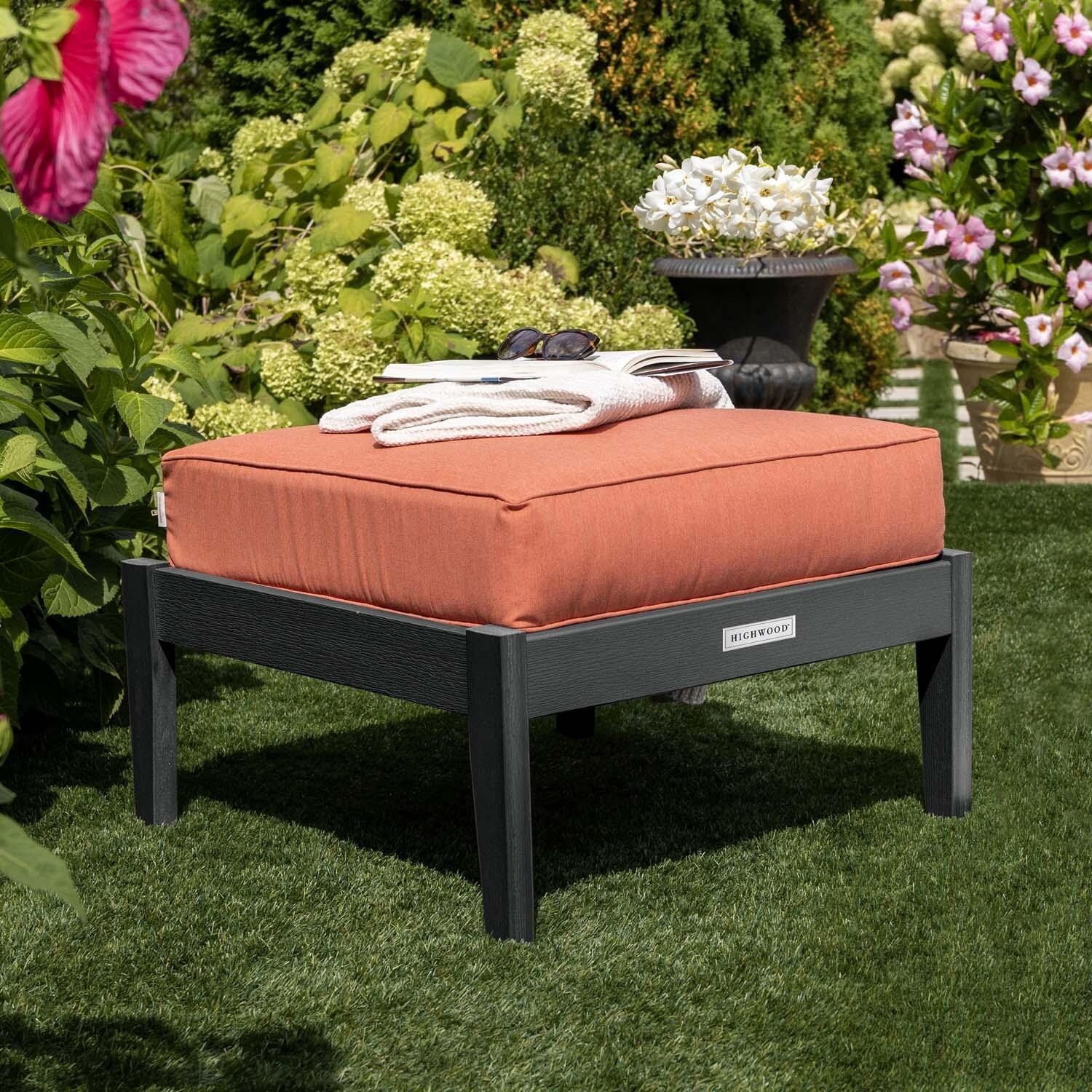 Blushing Bay Recycled Plastic Ottoman in Canvas Persimmon/Black by Lakeview Outdoor Designs